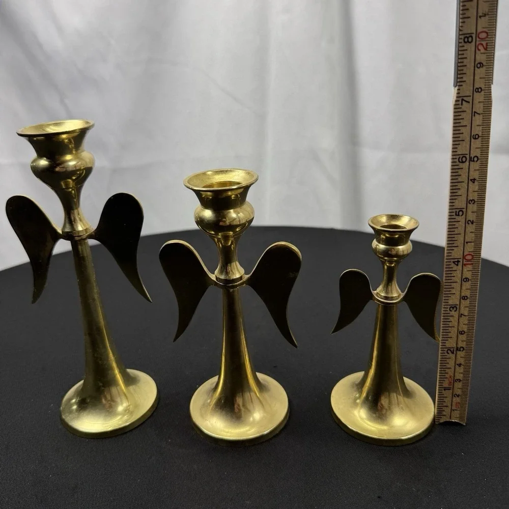 Vintage Solid Brass Candle Stick Holders Graduated‎ Angels Wings Set Of 3 India